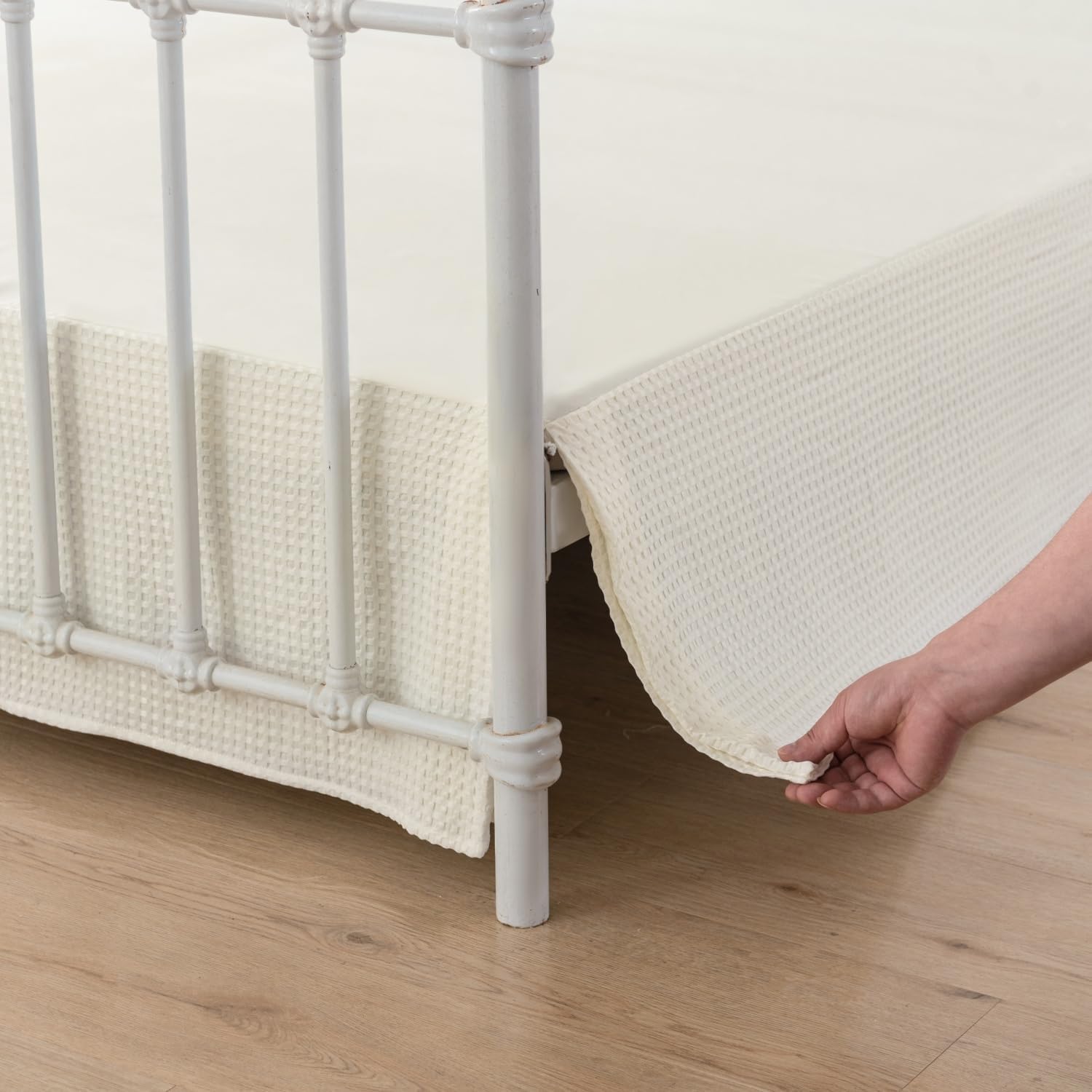 Queen Bed Skirt, Pleated Waffle Weave Bed Skirt with Split Corners, Tailored Dust Ruffle 14 Inch Drop Easy Fit, Machine Washable, Ivory, 14" Queen