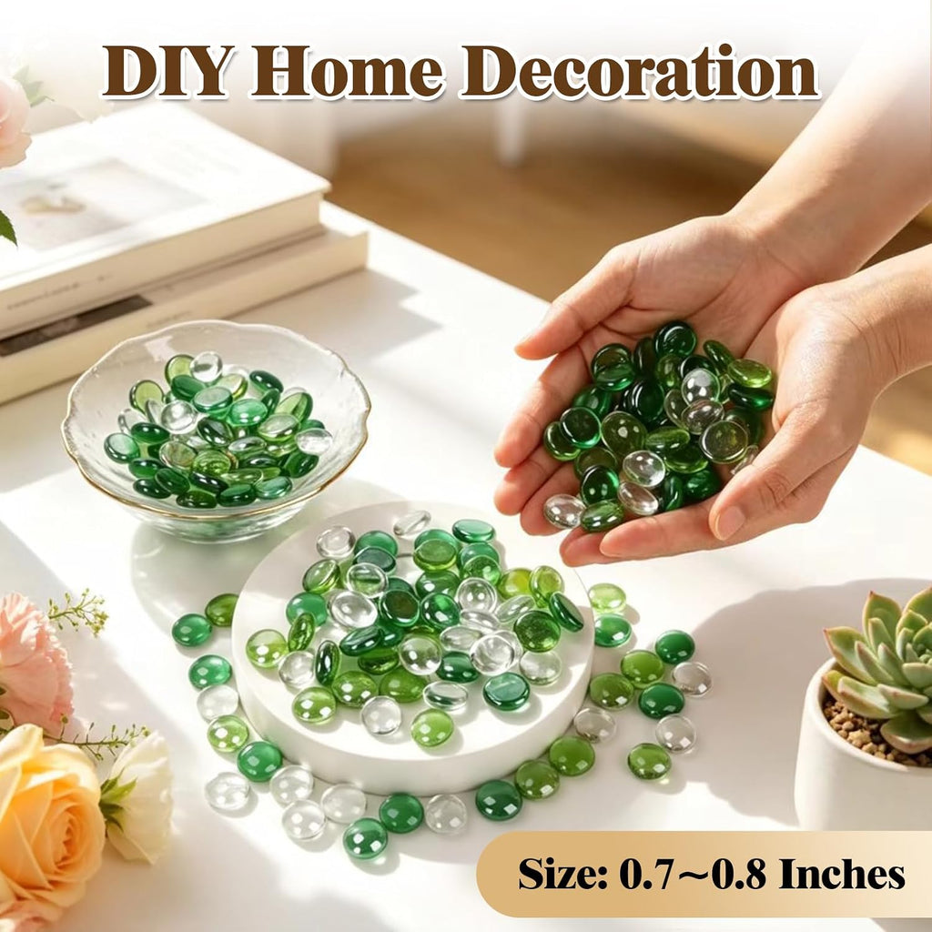 1.5 Lb Flat Glass Marbles for Vase - Mixed Green Glass Beads Vase Fillers - Decorative Glass Pebbles Gems for Vase, Aquarium, DIY Art Crafts and Home Decoration