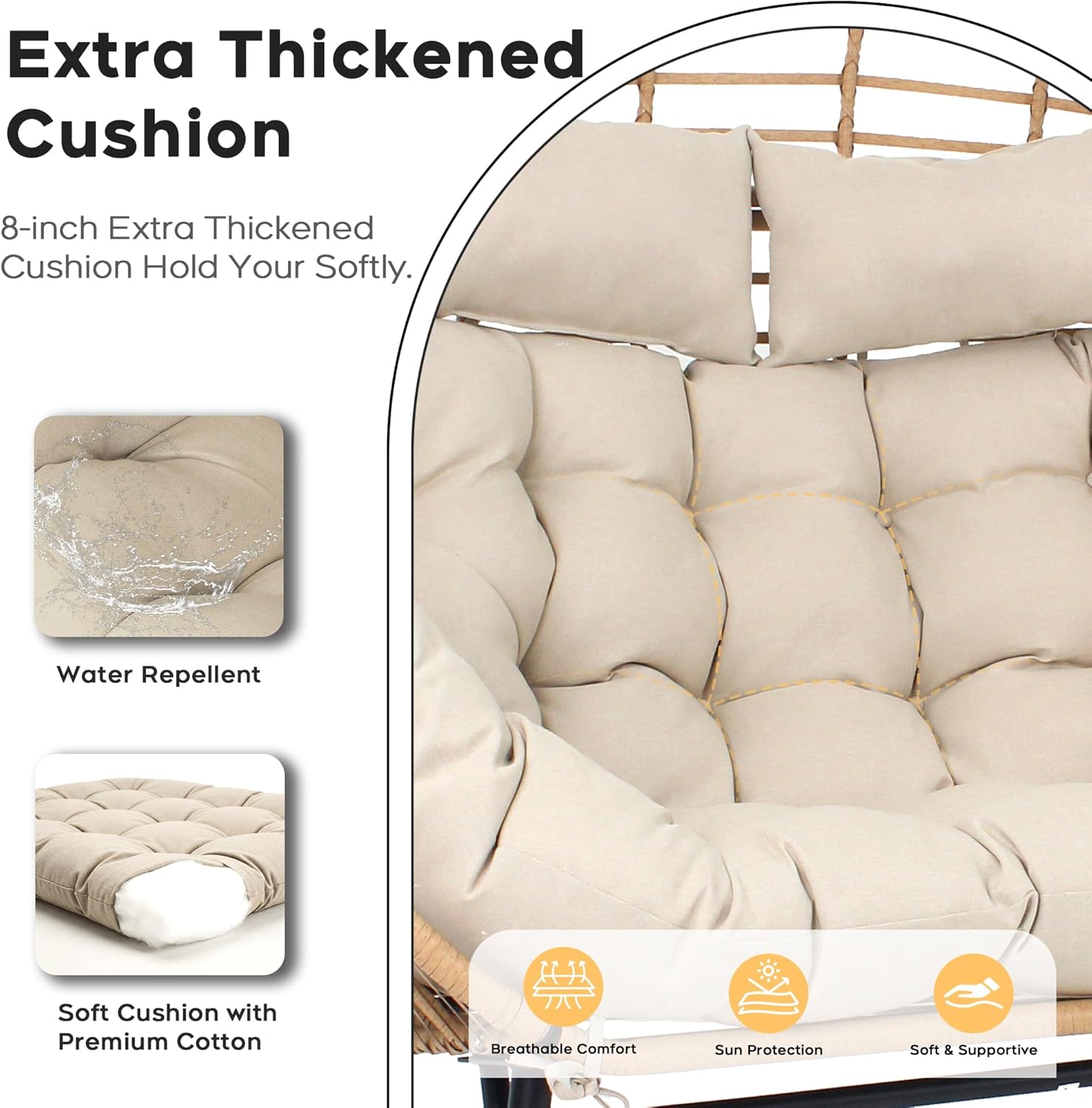 Double Wicker Egg Chair Outdoor Indoor - 2-Person Oversized Loveseat with 8" Thickened Paded Cushion - 700 lbs Weight Capacity Patio Lounge Chair for Balcony Porch Backyard (Beige Radial)