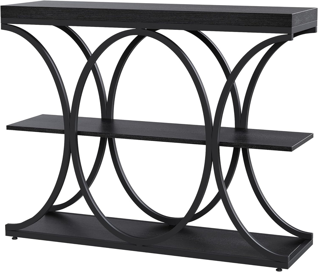 Garvee 39" Narrow Console Tables for Entryway, Industrial 3-Tier Sofa Table with Round Metal Base and Storage Shelves for Living Room, Hallway, Foyer, Black Wood Grain