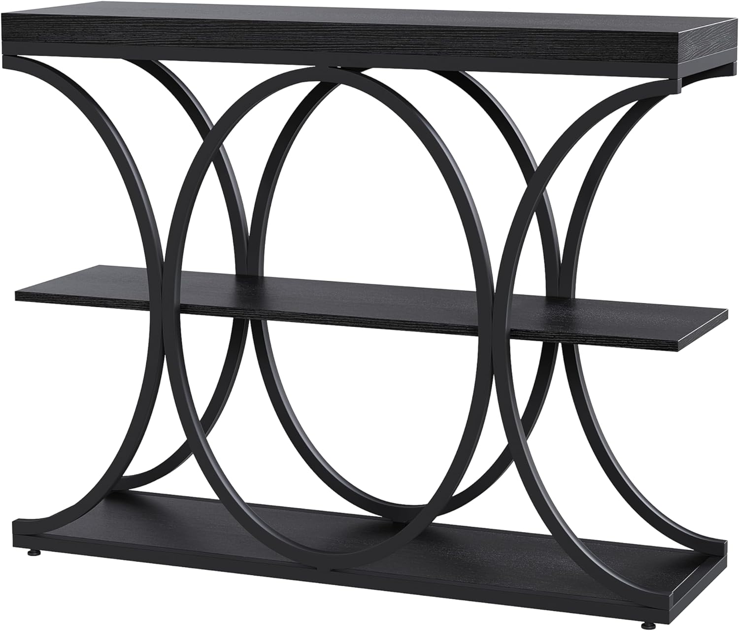 Garvee 39" Narrow Console Tables for Entryway, Industrial 3-Tier Sofa Table with Round Metal Base and Storage Shelves for Living Room, Hallway, Foyer, Black Wood Grain