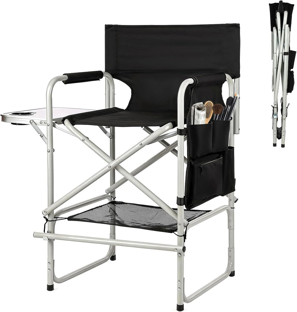 Makeup Chair for Makeup Artist 41'',Tall Directors Chairs Foldable with Side Table Cup Holder Storage Bag and Footrest, Folding Chair Makeup Chair for Clients 400lbs Capacity