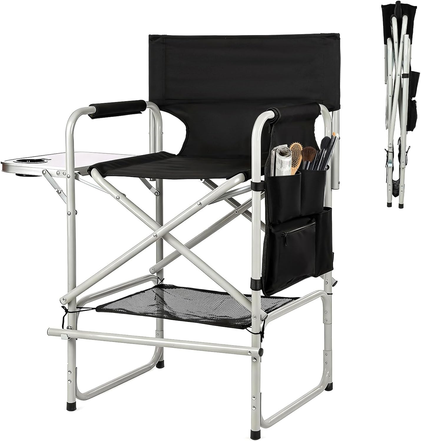 Makeup Chair for Makeup Artist 41'',Tall Directors Chairs Foldable with Side Table Cup Holder Storage Bag and Footrest, Folding Chair Makeup Chair for Clients 400lbs Capacity