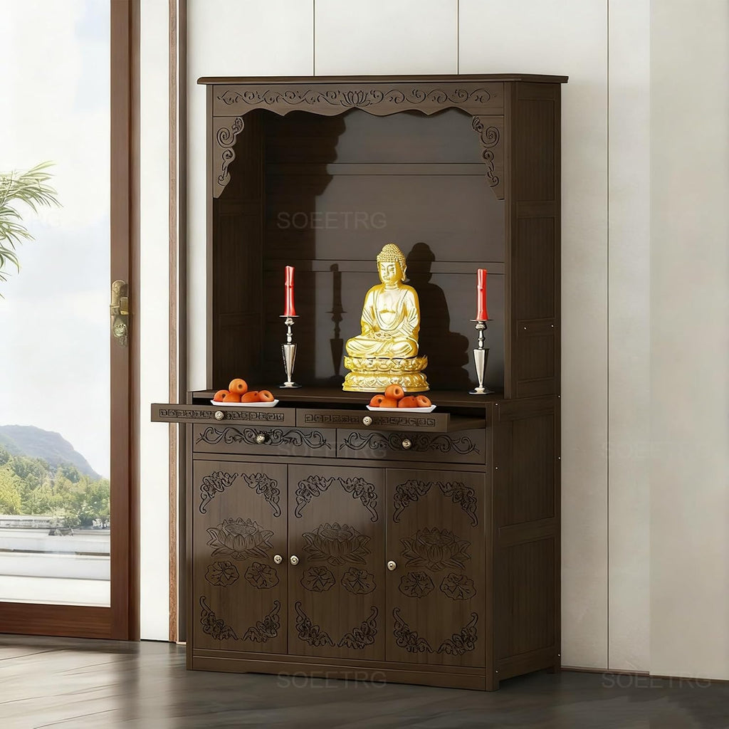 Chinese Style Wooden Prayer Altar Table with Storage Cabinet and Drawer, Buddha Shrine Display Stand, Buddhist Side Table for Living Room (Walnut-102cm)