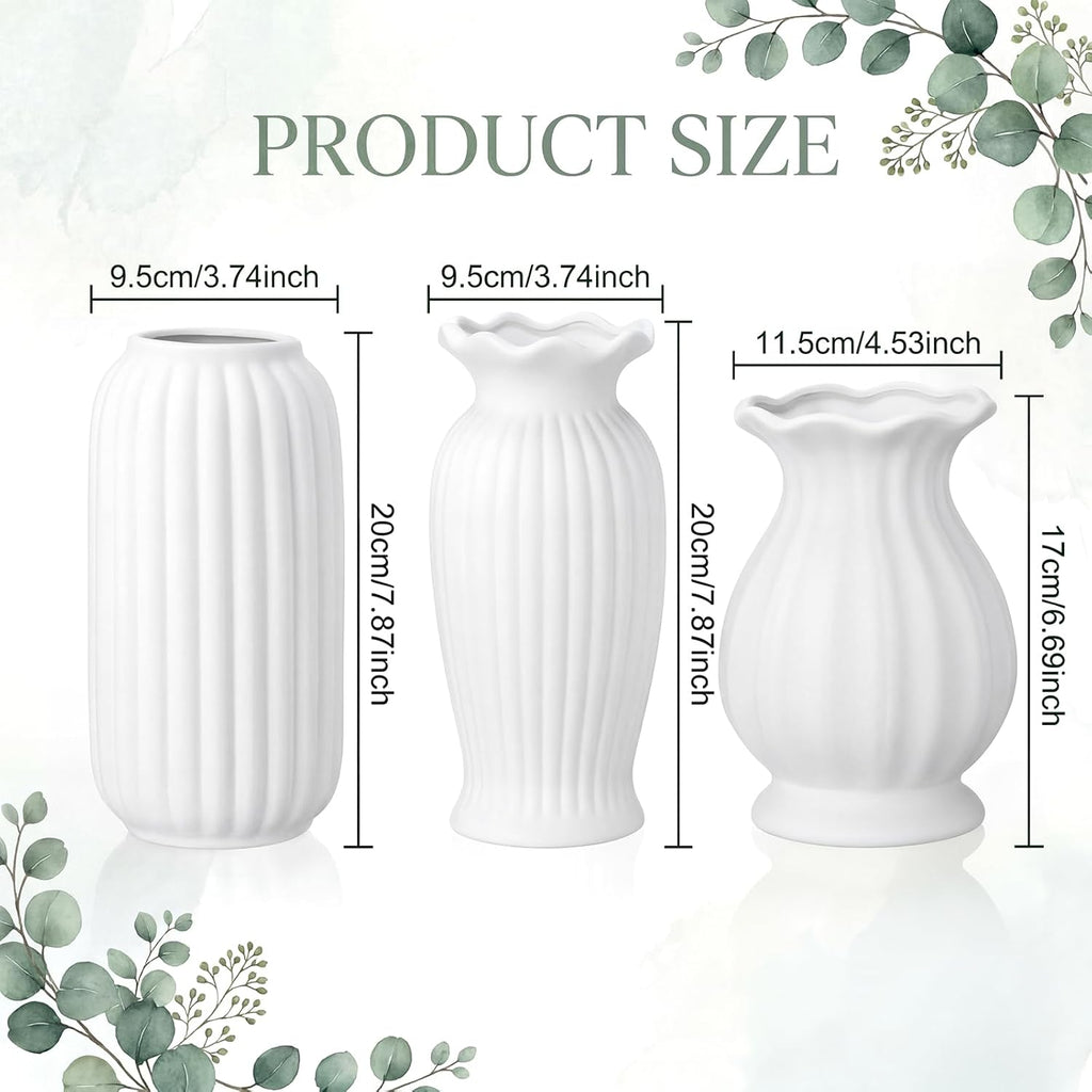 3 Pcs Vase Modern Fluted Ribbed Textured Boho Decorative Vase for Flowers Living Room Home Cabinet Table Centerpieces Wedding Kitchen Office(Milk White Vertical)