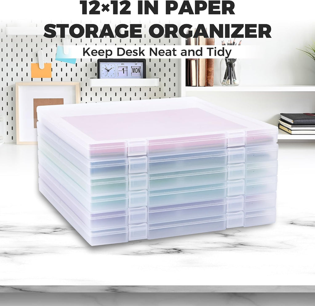 Scrapbook Paper Box Set 6 Pack, 12x12 Scrapbook Organizer with U-Shaped Lock, Stackable Clear Plastic Craft File Organizer for Cardstock and Scrapbooking Supplies