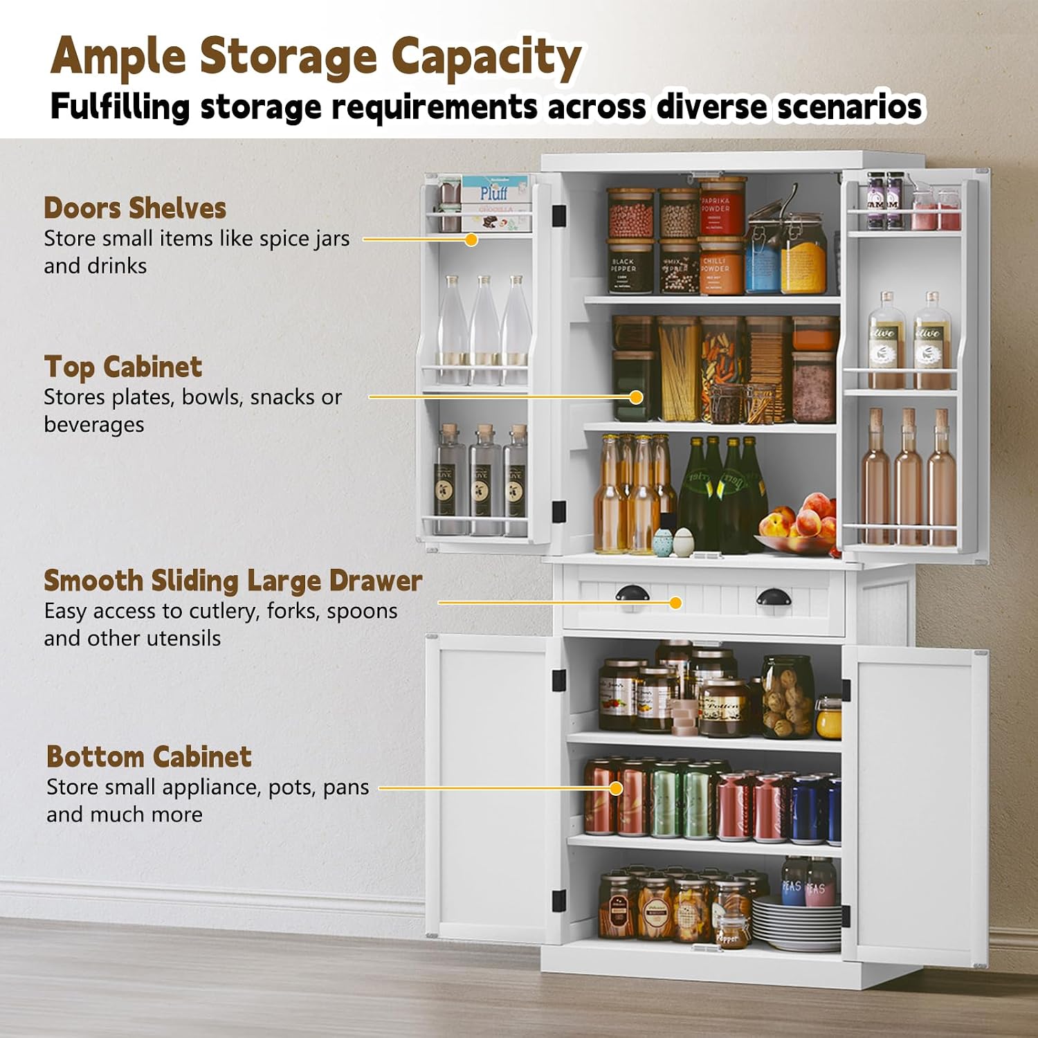ARTPOWER 72" Pantry Storage Cabinet with Drawer, Freestanding Tall Cupboard Storage Cabinet, Utility Pantry with Door Shelves and 2 Adjustable Shelves for Kitchen, Dining Room,Living Room, White