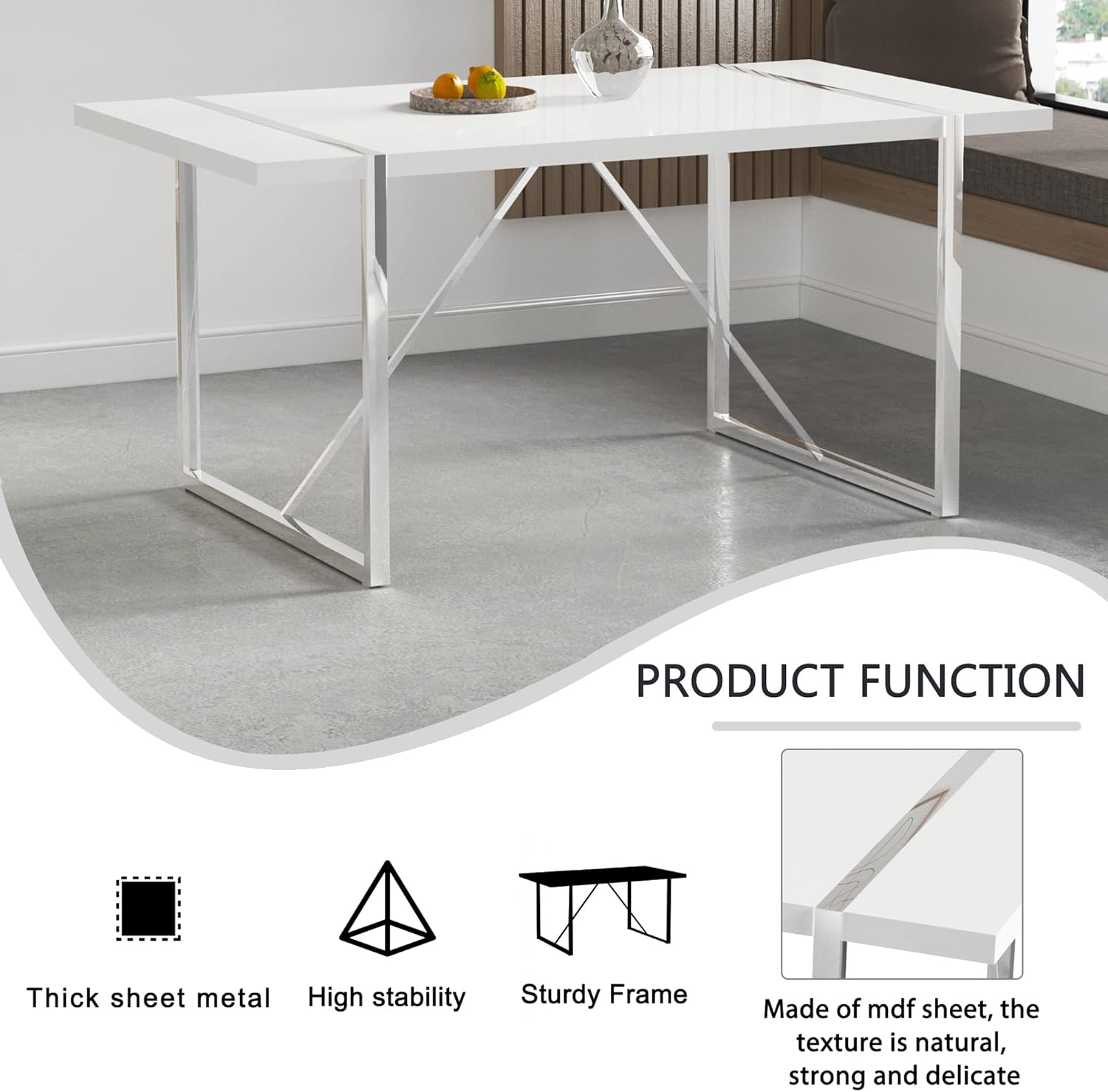 Dining Table Set for 6, White Rectangular MDF Kitchen Table Set with Leather Dining Chairs Set of 4, 55" Dinner Table Set for Kitchen, Dining Room
