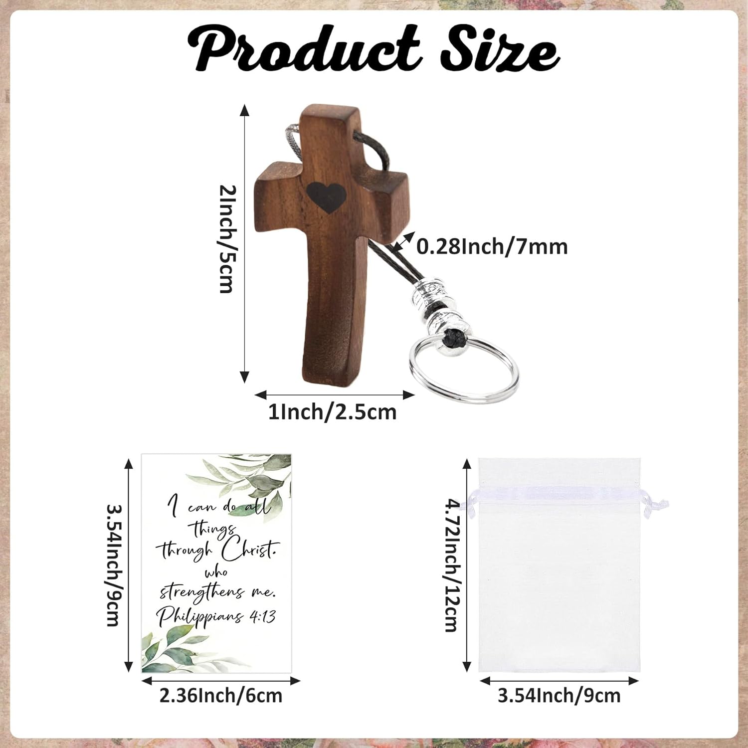 INSYOHO 12Pcs Wooden Cross Fidget - Small Pocket Cross My Heart Keychain with Card Organza Bag, Stress Anxiety Relief Encouragement Inspirational Handheld Prayer Keychain Christian Religious Gift
