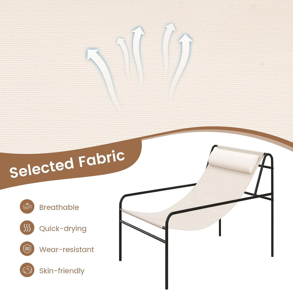 Giantex Patio Sling Lounge Chair Set of 2, Modern Sling Accent Chair with Removable Headrest Pillow, Heavy-Duty Metal Frame, Breathable Seat Fabric, Leisure Chair for Indoor Outdoor, 350 lbs Max Load