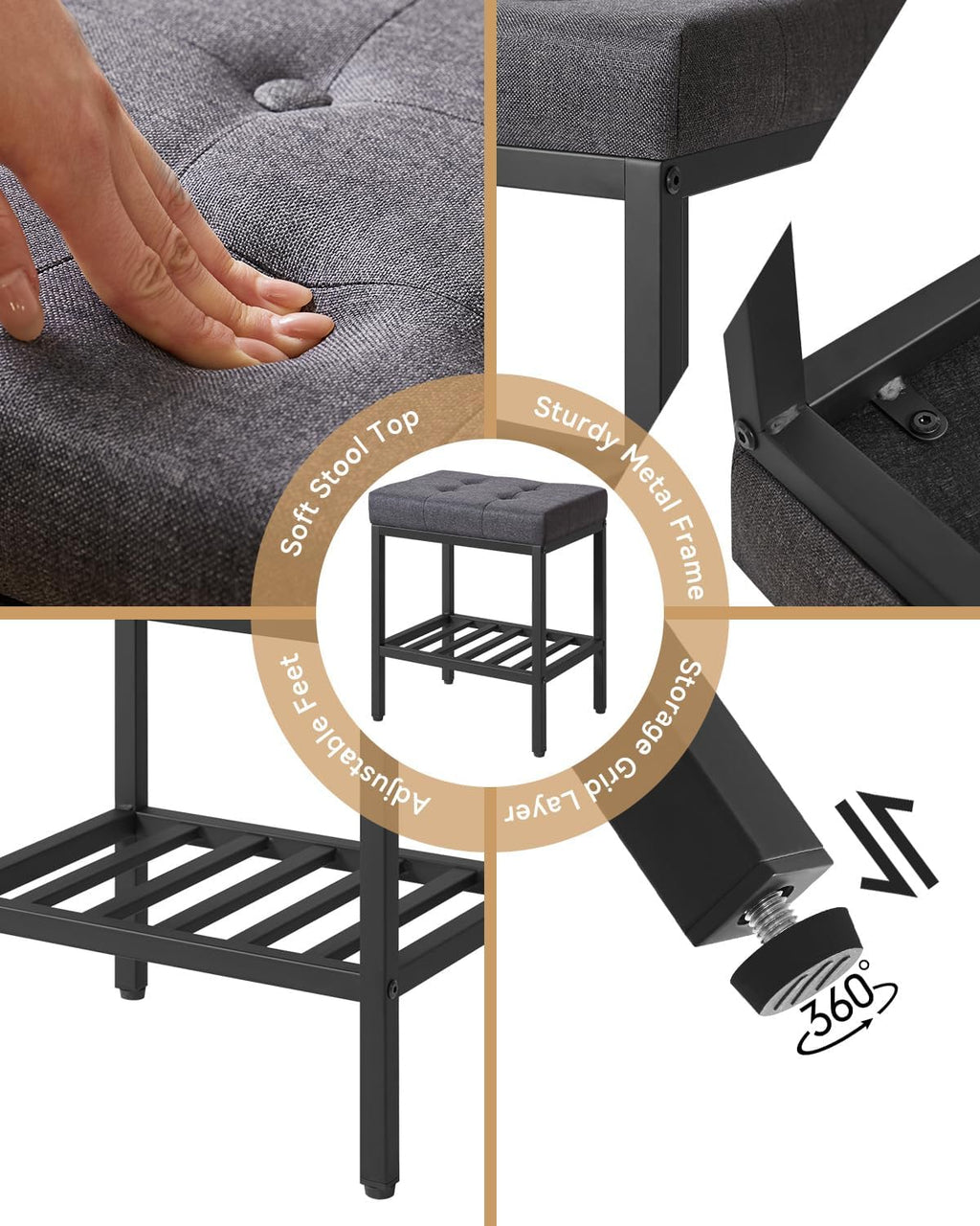 IBUYKE Rectangular Makeup Stool with Adjustable Feet and Storage Space, Footrest Chair, Linen Seat Vanity Stool, Multi-Use as Small Side Table or Ottoman, for Bedroom, Dark Gray WBD017G