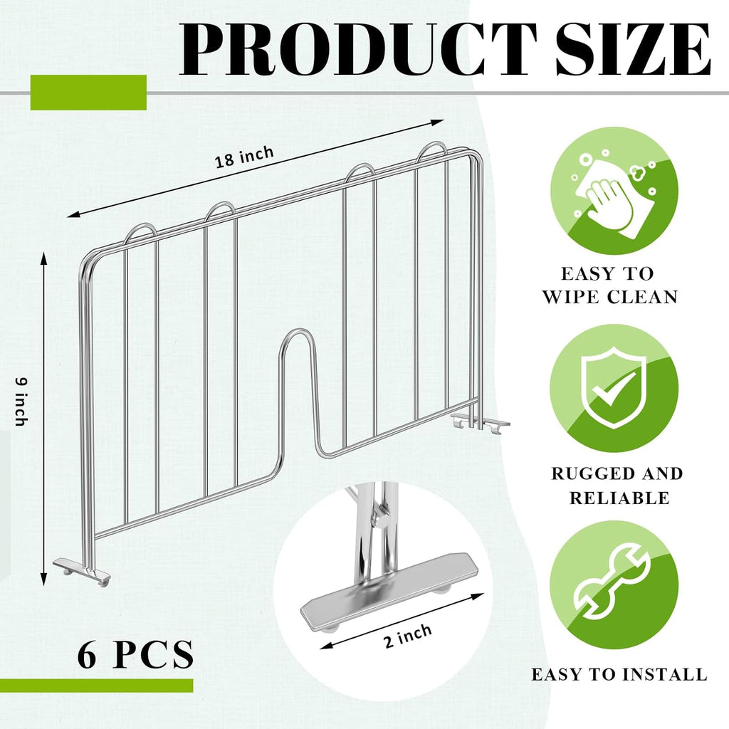 MorningRo 6 Pcs 18" W x 9" H Wire Shelf Divider Chrome Plated Steel Wire Rack Divider for Shelving Metal Accessories for Bathroom Kitchen Office Pantry Room Storage Organization, Silver