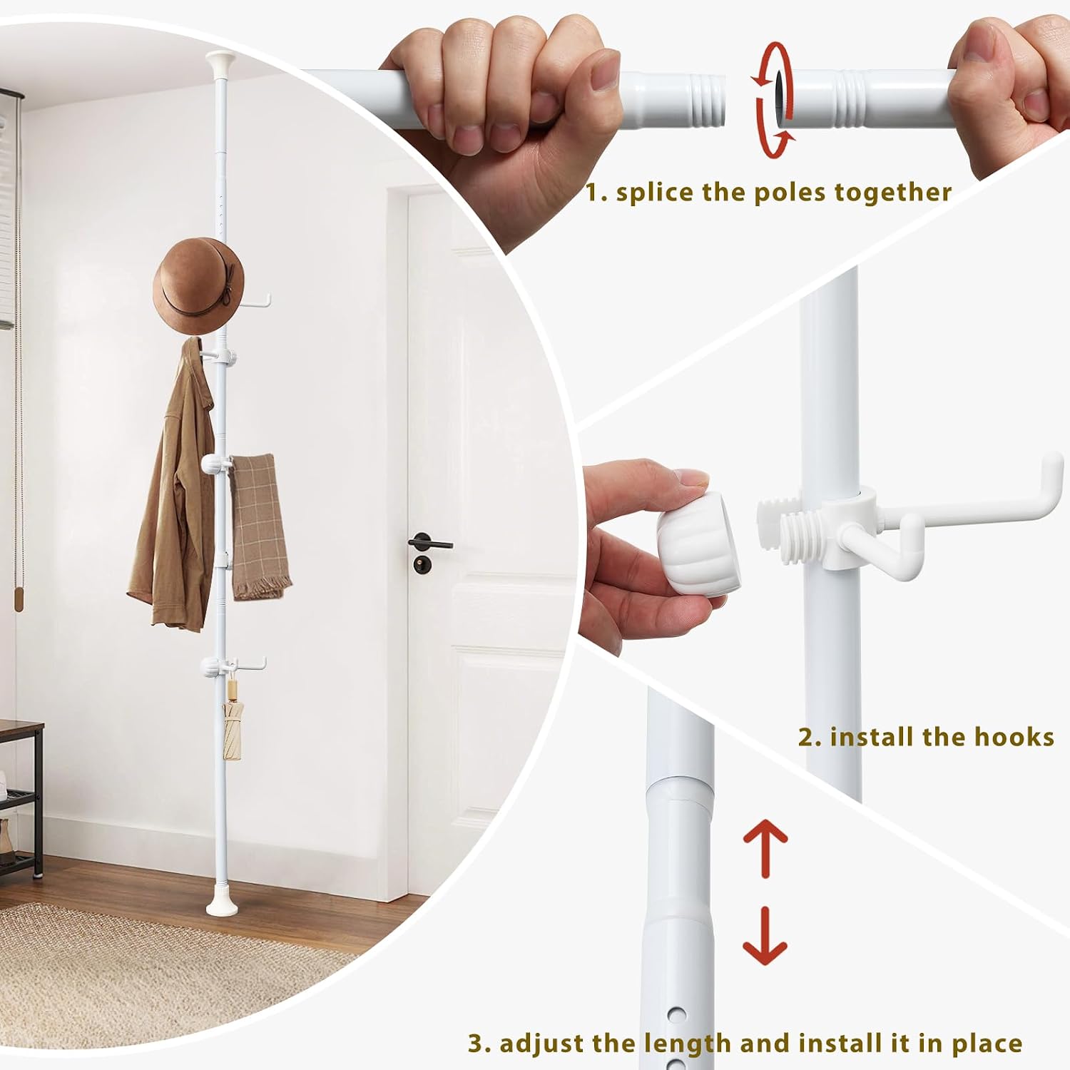 Coat Rack Freestanding,Adjustable 56-125 inch Tension Rod Tree 12 Hooks Hanger Stand for Coat Hat Bedroom Livingroom Kitchen Bathroom Apartment Entryway Hall Office white