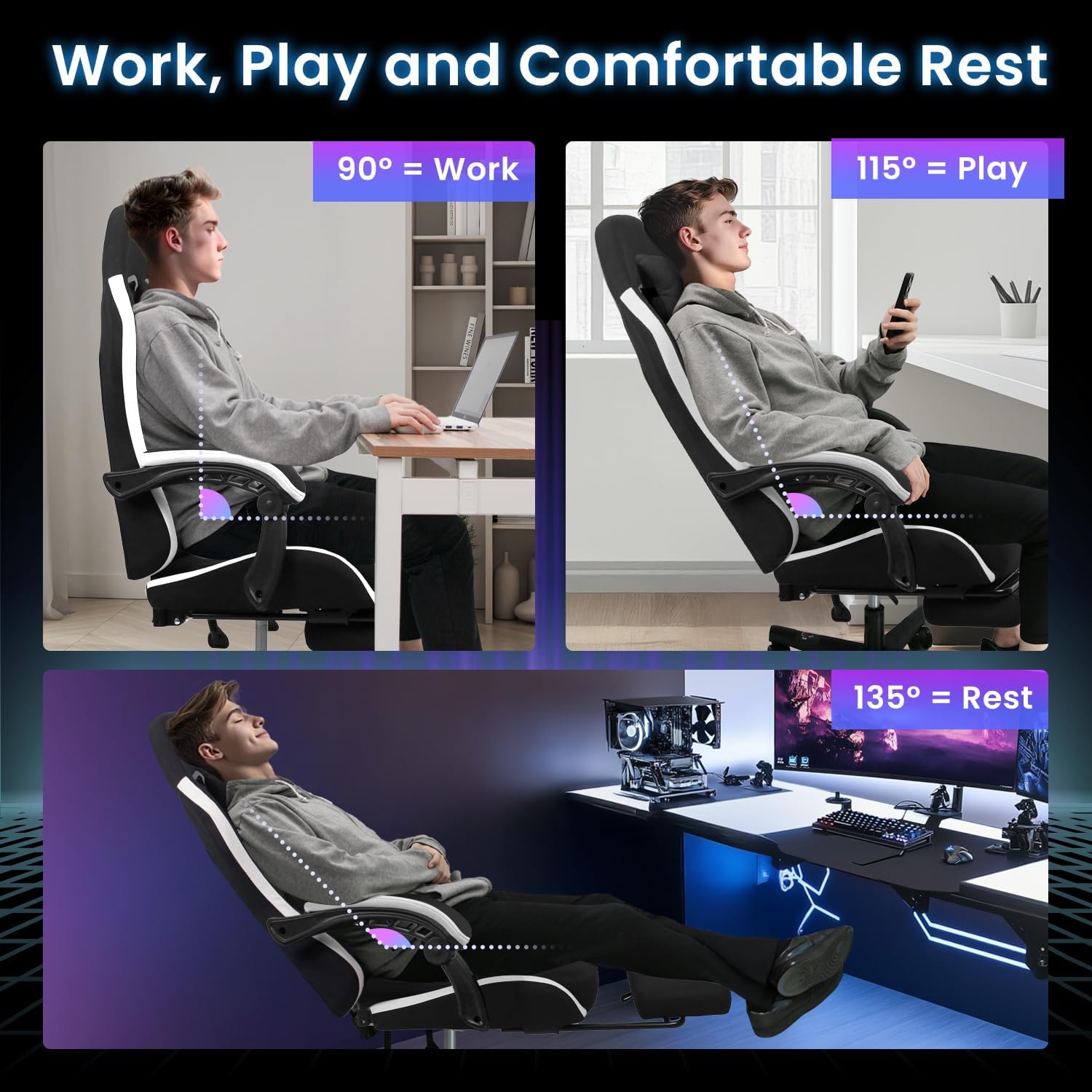 N-GEN GAMING Gaming Chair Video Game Computer Office Desk Use Ergonomic Reclining Backrest Adjustable Armrests Lumbar Support Footrest High Density Foam Breathable Fabric Heavy Duty Base (Black)