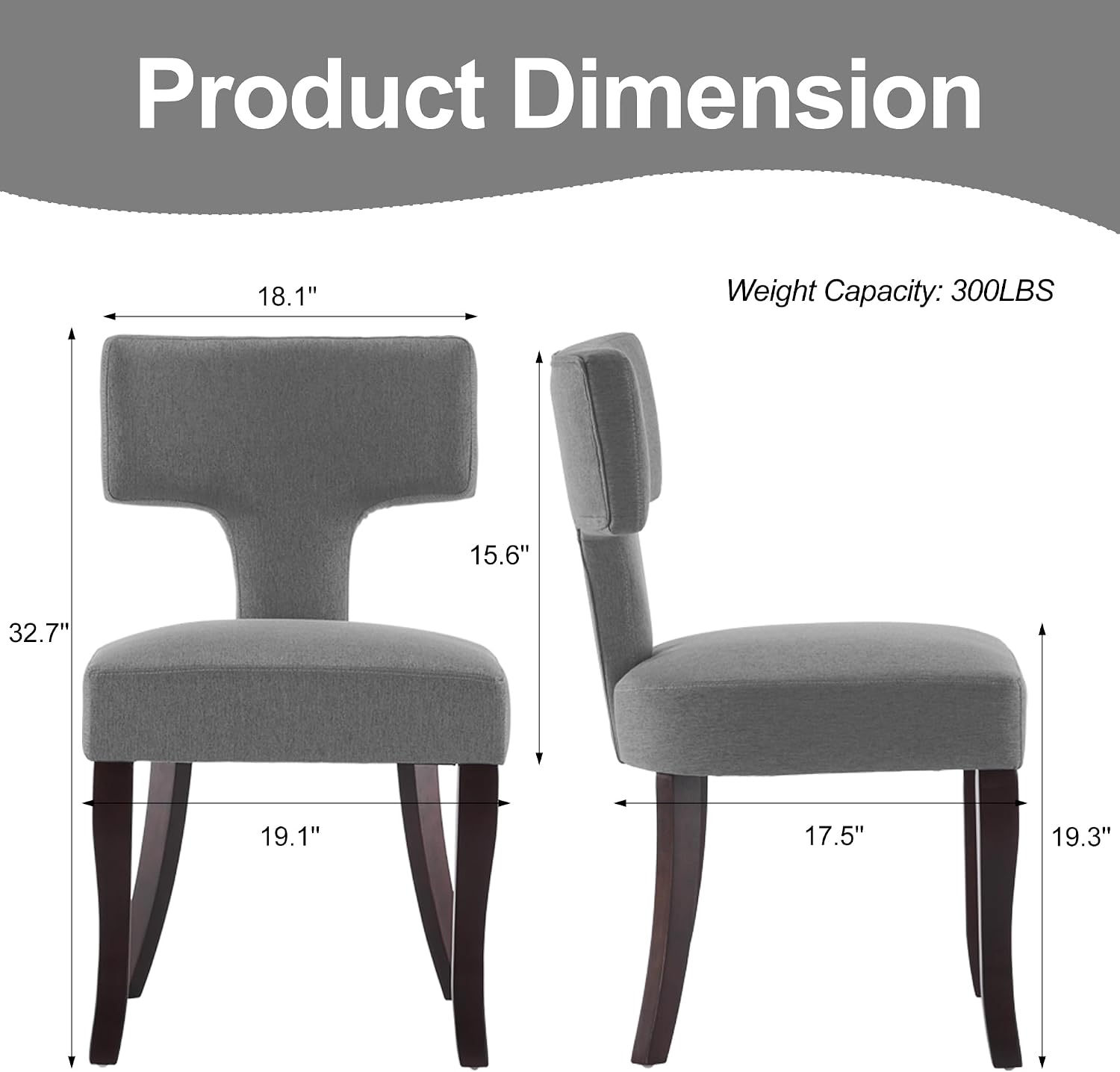 Mid Century Modern Dining Chairs Set of 2, Upholstered Side Dining Chairs with Curved Back Linen Fabric Armless Wood Chairs Kitchen & Dining Room Farmhouse Chairs (Gray)