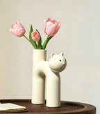 GeLive Cream White Cat Ceramic Vase, Minimalist Cute Kitty Flower Vase for Home Decor, Modern Boho Decorative Vase for Living Room, Bedroom, Office, Ideal Gift for Cat Lovers