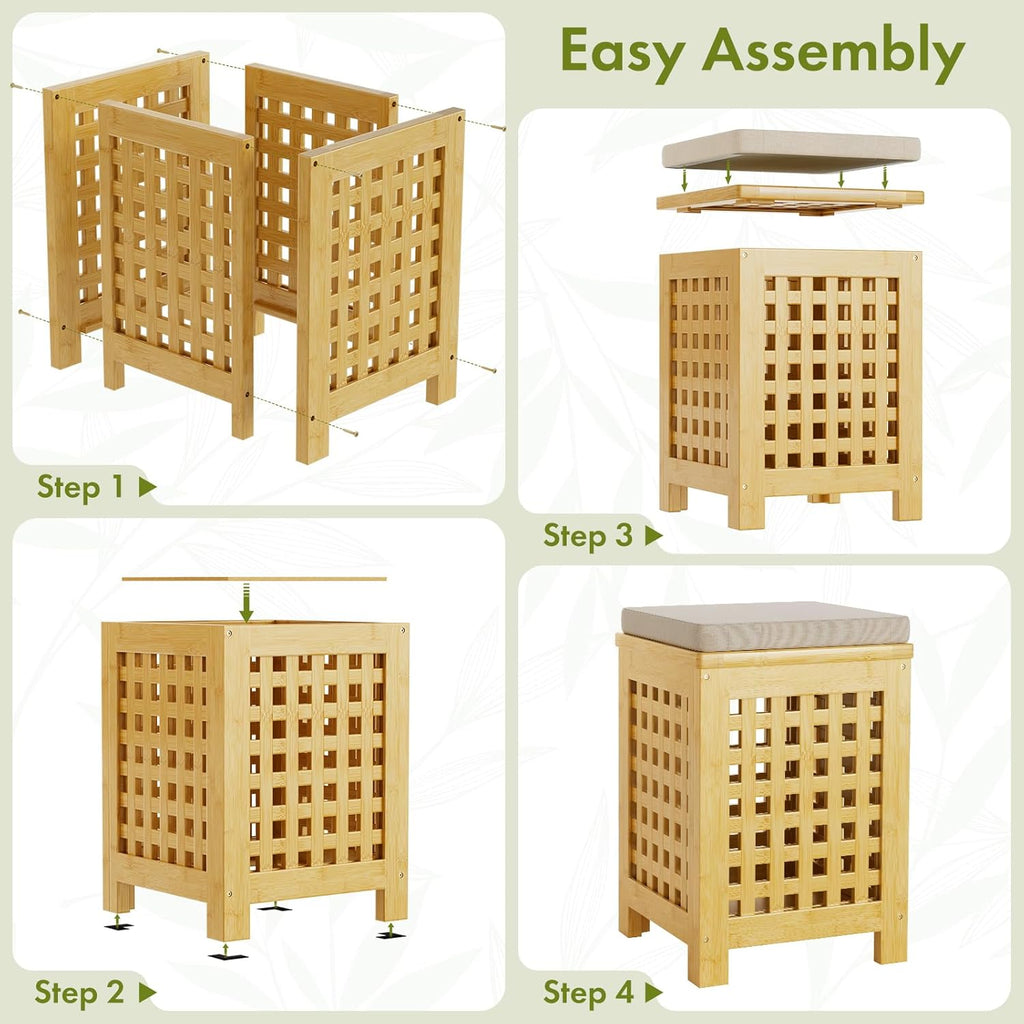 Bamboo End Table with Removable Cushion and Hidden Storage, 2-in-1 Ottoman Side Table with Breathable Grid Design for Small Space, Living Room, Bedroom, Balcony, Entryway