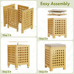 Bamboo End Table with Removable Cushion and Hidden Storage, 2-in-1 Ottoman Side Table with Breathable Grid Design for Small Space, Living Room, Bedroom, Balcony, Entryway