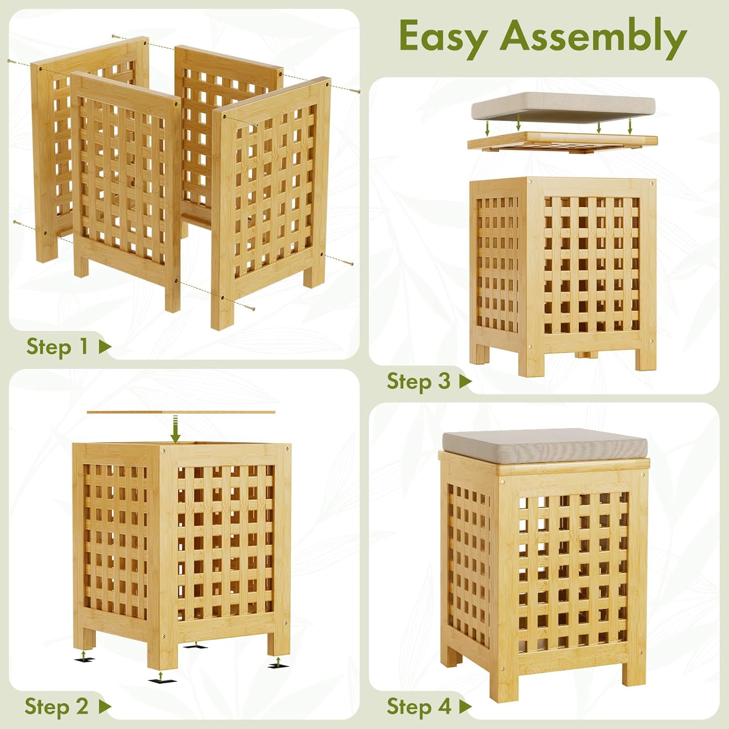 Bamboo End Table with Removable Cushion and Hidden Storage, 2-in-1 Ottoman Side Table with Breathable Grid Design for Small Space, Living Room, Bedroom, Balcony, Entryway