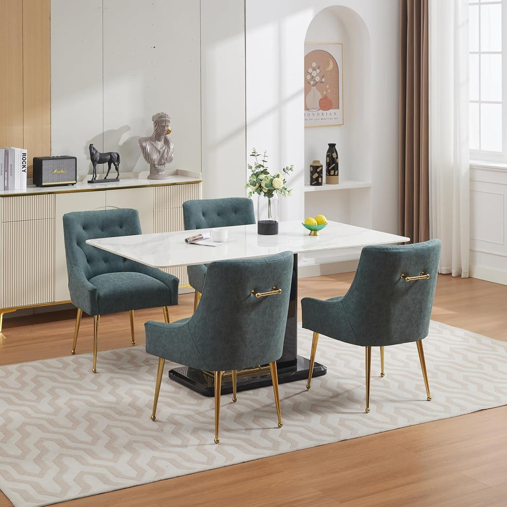 Dining Chairs Set of 6, Gold Leg Side Chair Faux Leather Vanity Mid-Century with Metal Legs Upholstered PU Leather Luxury Accent Chairs Living Room Restaurant