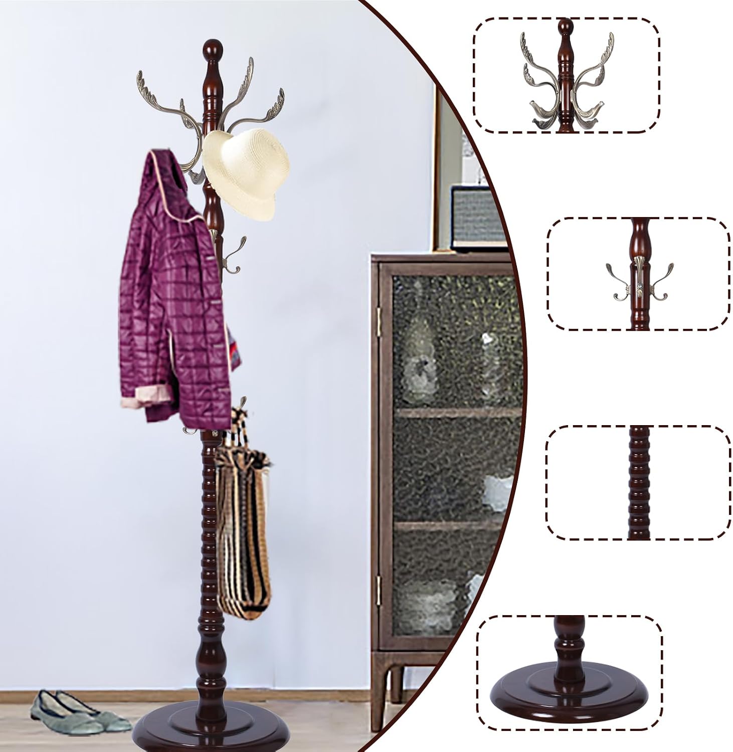 Coat Racks Free standing, Natural Wood Coat Rack Stand With 14 Hooks, Heavy Duty Adjustable Height Coat Racks For Entryway Hallway Foyer Office Bedroom (Redwood)