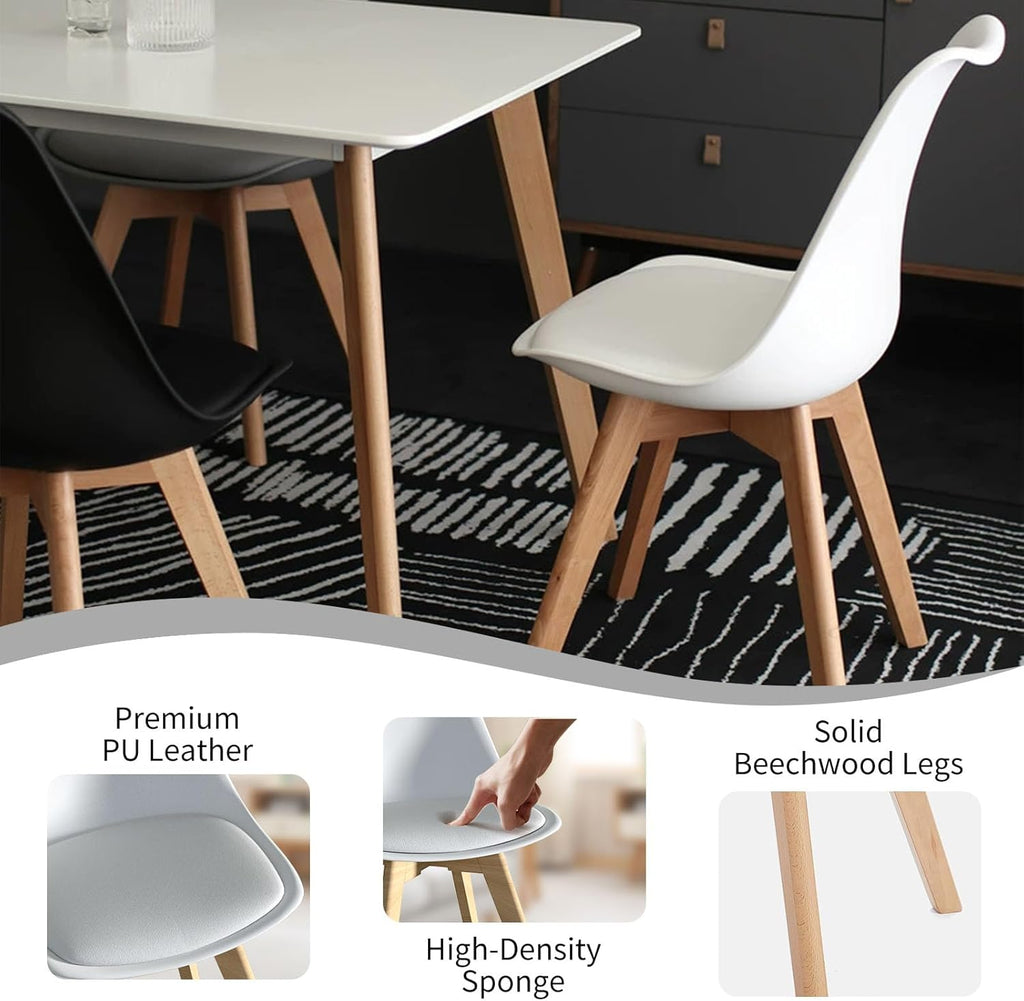 Dining Chairs Set of 4, Mid-Century Modern Kitchen Chairs with Wood Legs and Cushion, Leather Dining Chairs Set for Living Room, Kitchen, Outdoor Lounge, White 4 Pack