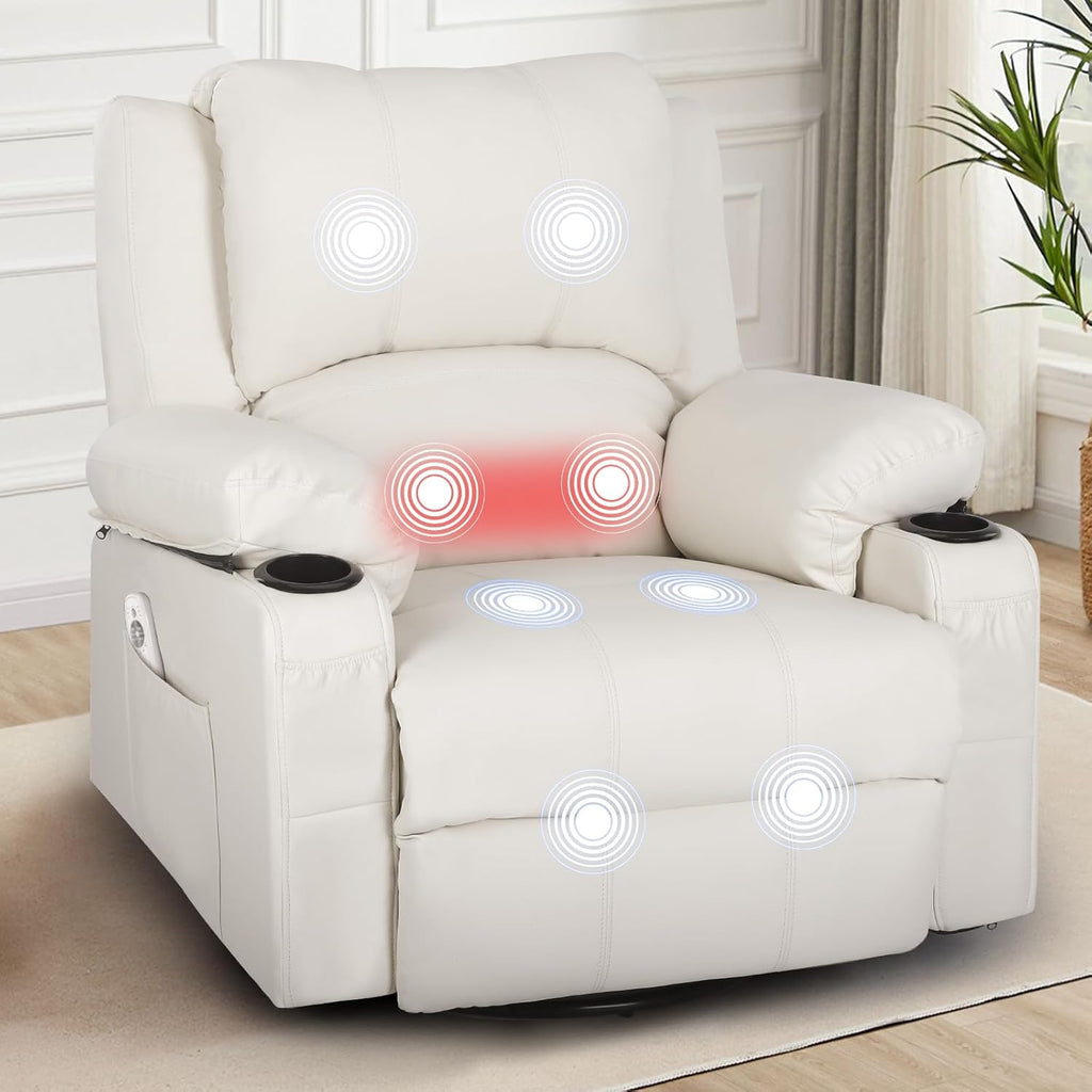 Faux Leather Rocker Recliner with Heat and Massage Cup Holders, Overstuffed Rocking Recliner Swivel Glider Chair for Nursery Heated Massaging Reclining Chair, Cream White