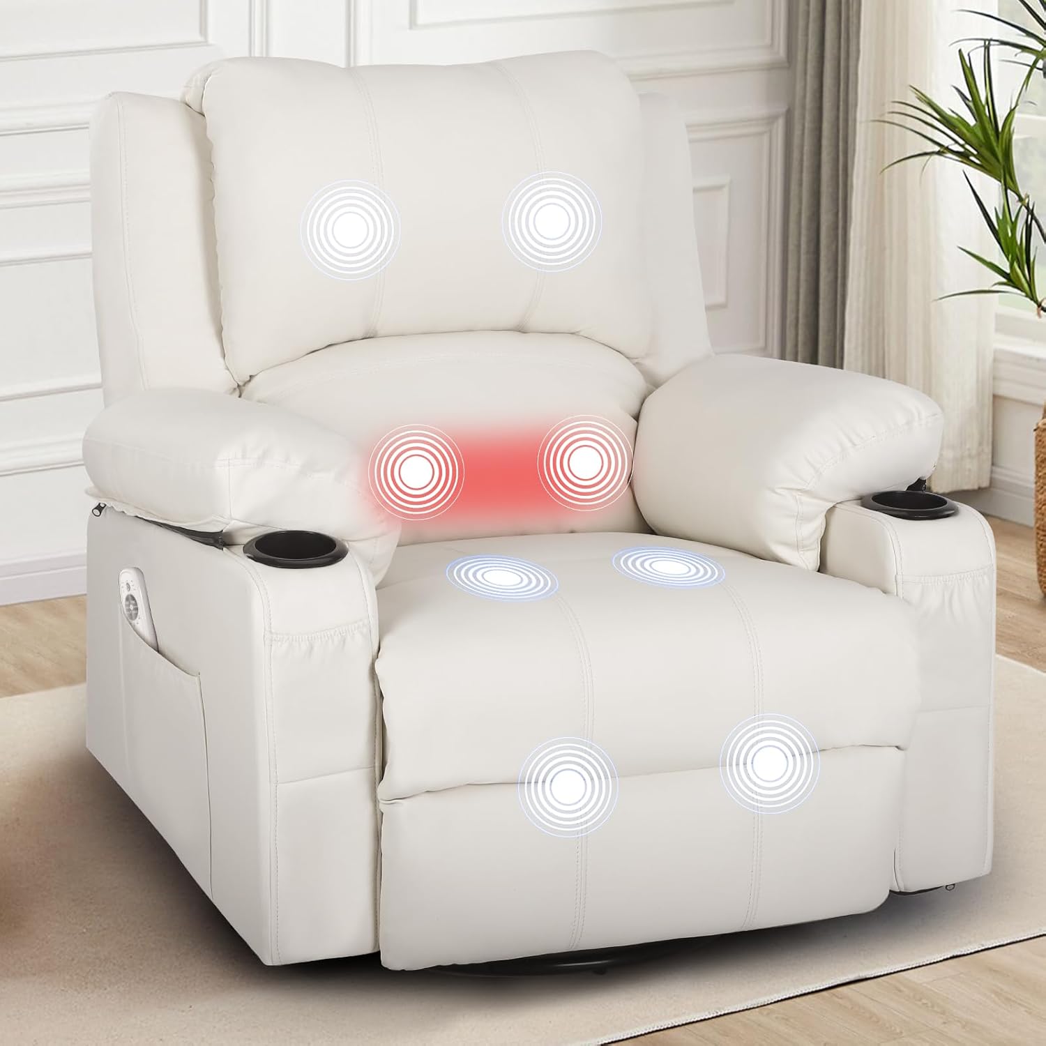 Faux Leather Rocker Recliner with Heat and Massage Cup Holders, Overstuffed Rocking Recliner Swivel Glider Chair for Nursery Heated Massaging Reclining Chair, Cream White