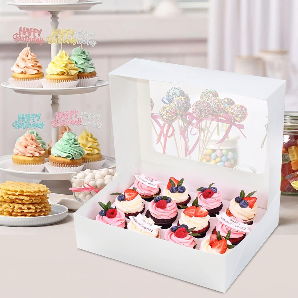 6 Packs Cupcake Boxes, 13x10x3.5 Inch White 12 Count Cupcake Containers with Clear Window, Auto-Pop Up Cupcake Carrier with Inserts for Cup Cake, Cupcake Holder for Muffin, Cookies and Pastry