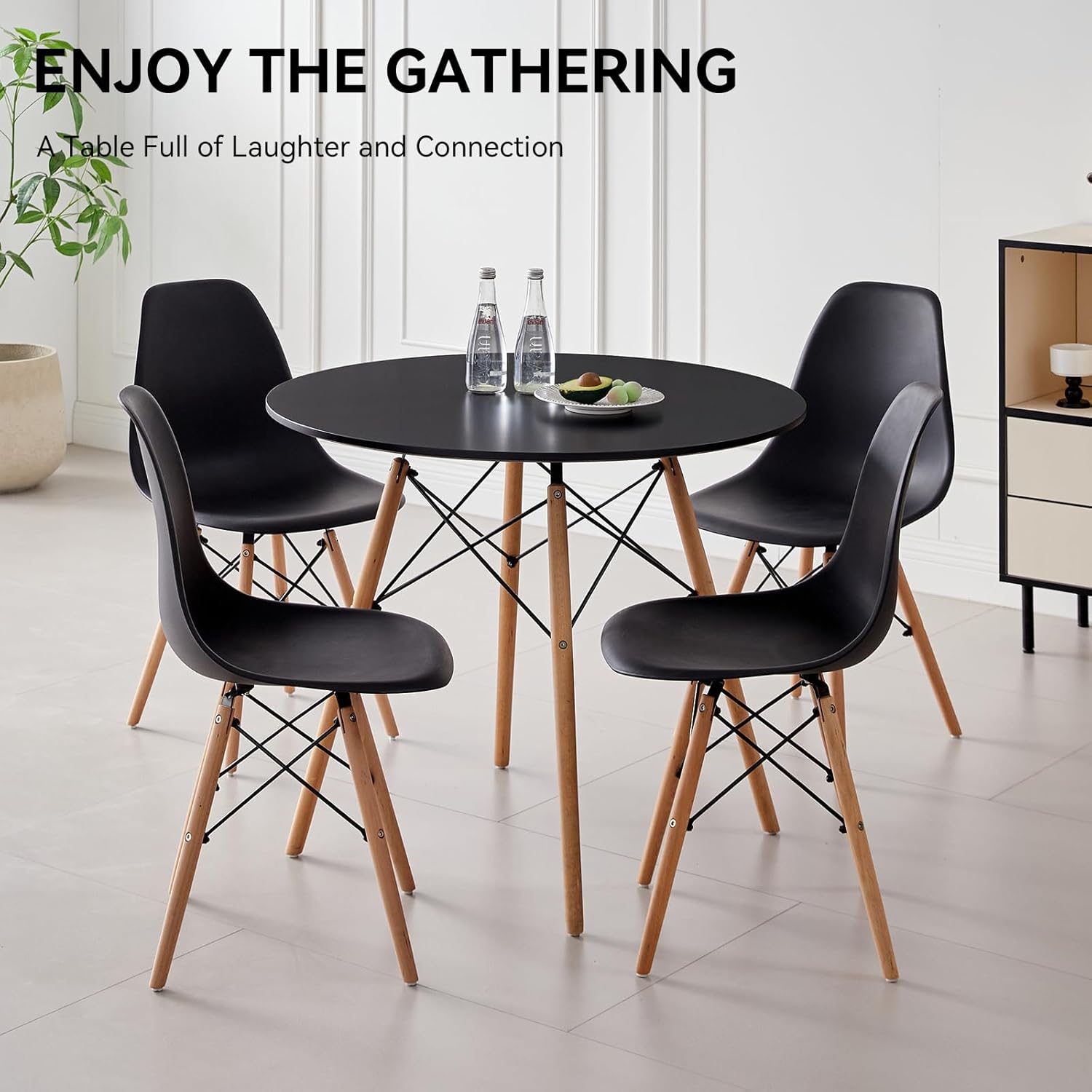 5-Piece 35.5" Round Dining Table Set, Small Kitchen Table Chairs Set of 4 Plastic Seats, Solid Wood Legs, Space Saving Furniture for Living Room Apartment Office Home, Black