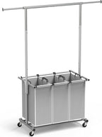 Simple Houseware 3 Bags Laundry Sorter with Extensible Clothes Hanging Rod