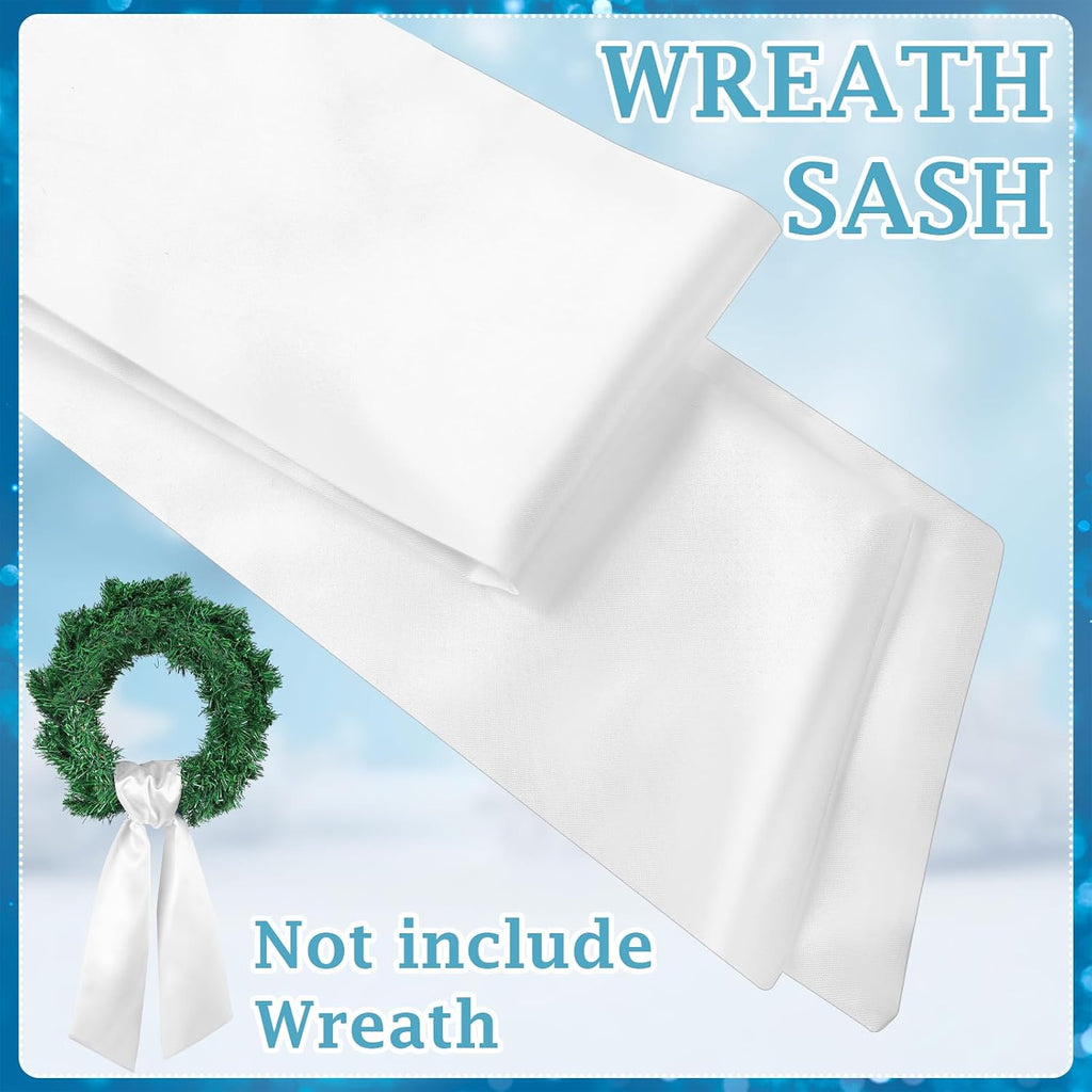 VitalCozy White Wreath Sash for Front Door Blank Satin Tulle Bow Wreath Sash Embroidery Monogram Plain Ribbon Accessories for Xmas Party Yard Doorway Indoor Outdoor Wall (4.5'' X 56'',Satin)