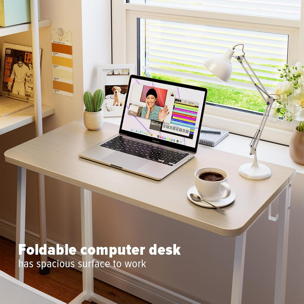 WOHOMO Folding Desk, Small Foldable Desk 31.5" for Small Spaces, Space Saving Computer Table Writing Workstation for Home Office, Easy Assembly, Oak