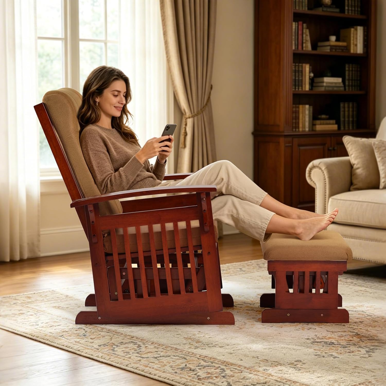 Solid Wood Glider Rocking Chair & Ottoman Set, Perfect for Nursery & Nursing, Padded Cushion with Smooth Rocking Motion, Rustic Finish for Living Room Napping and Reading,Dark Brownish