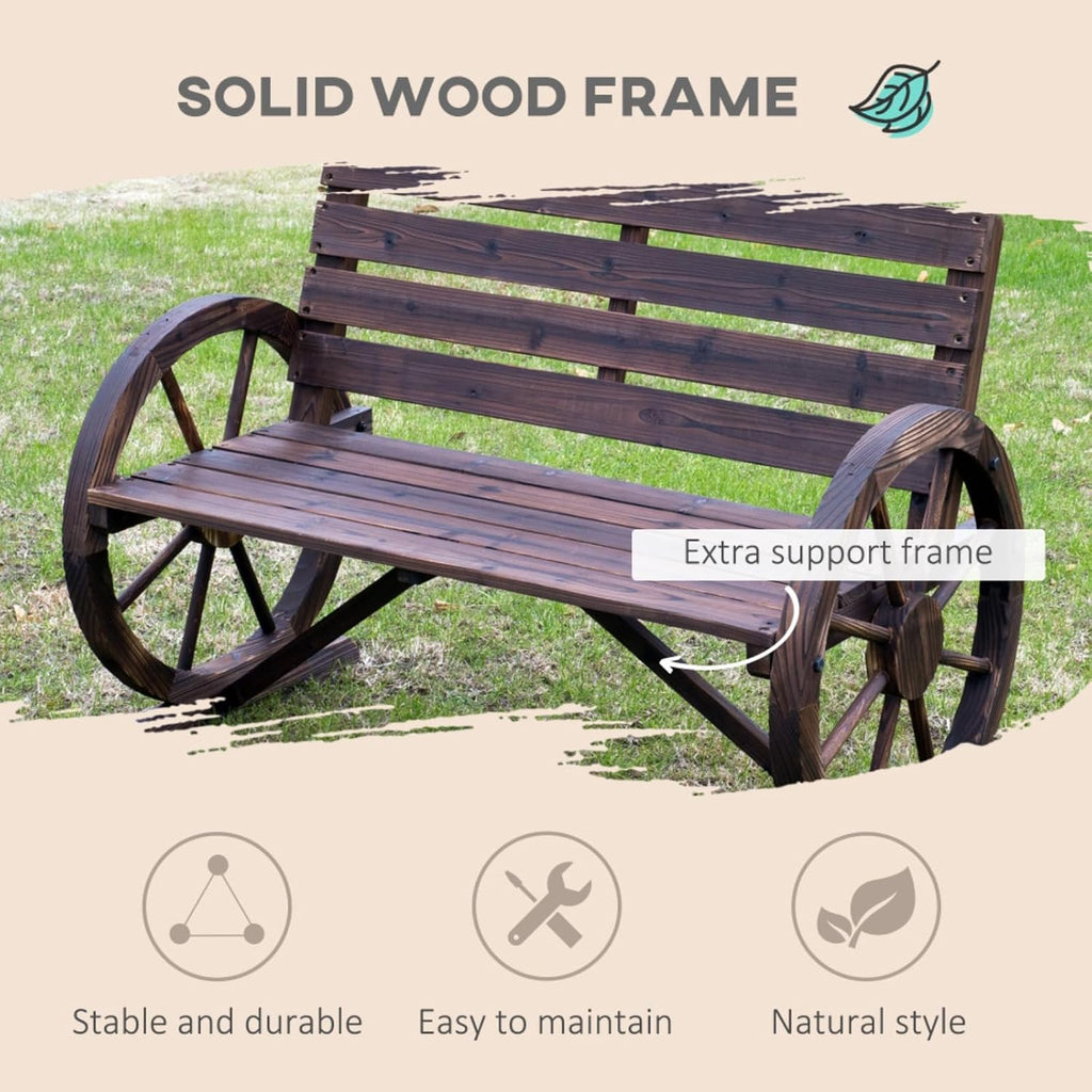 Hassyee Outdoor Patio Wooden Bench with Wagon Wheel and Slatted Design for Poolside, Park, Special Garden Bench with Rustic Style and Durable Wood Construction for Deck, Lawn
