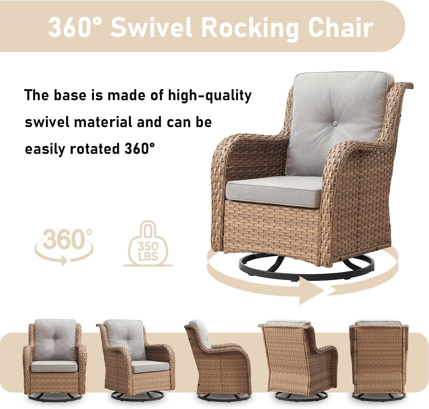 Outdoor Swivel Rocker Patio Chairs-Wicker Patio Swivel Chairs Set of 2 with Side Table PE Rattan Patio Furniture Set for Porch Deck Balcony Garden-Yellow/Beige