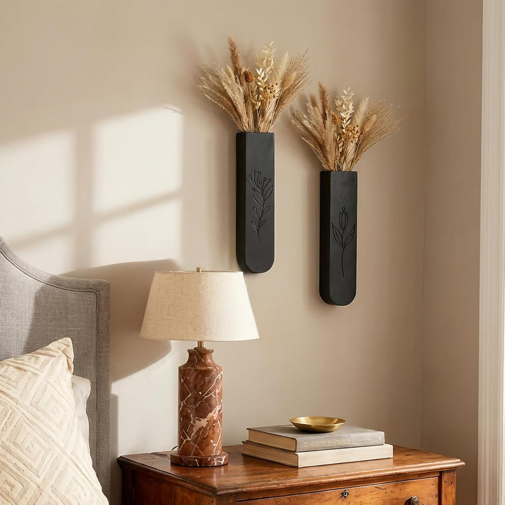 Wood Wall Vase Set of 2, 11.6 x 2.52 x 1.37 inch for Dried Flowers and Faux Greenery Plants for Bathroom,Kitchen,Farmhouse,Dining Room Wall Decor （Black