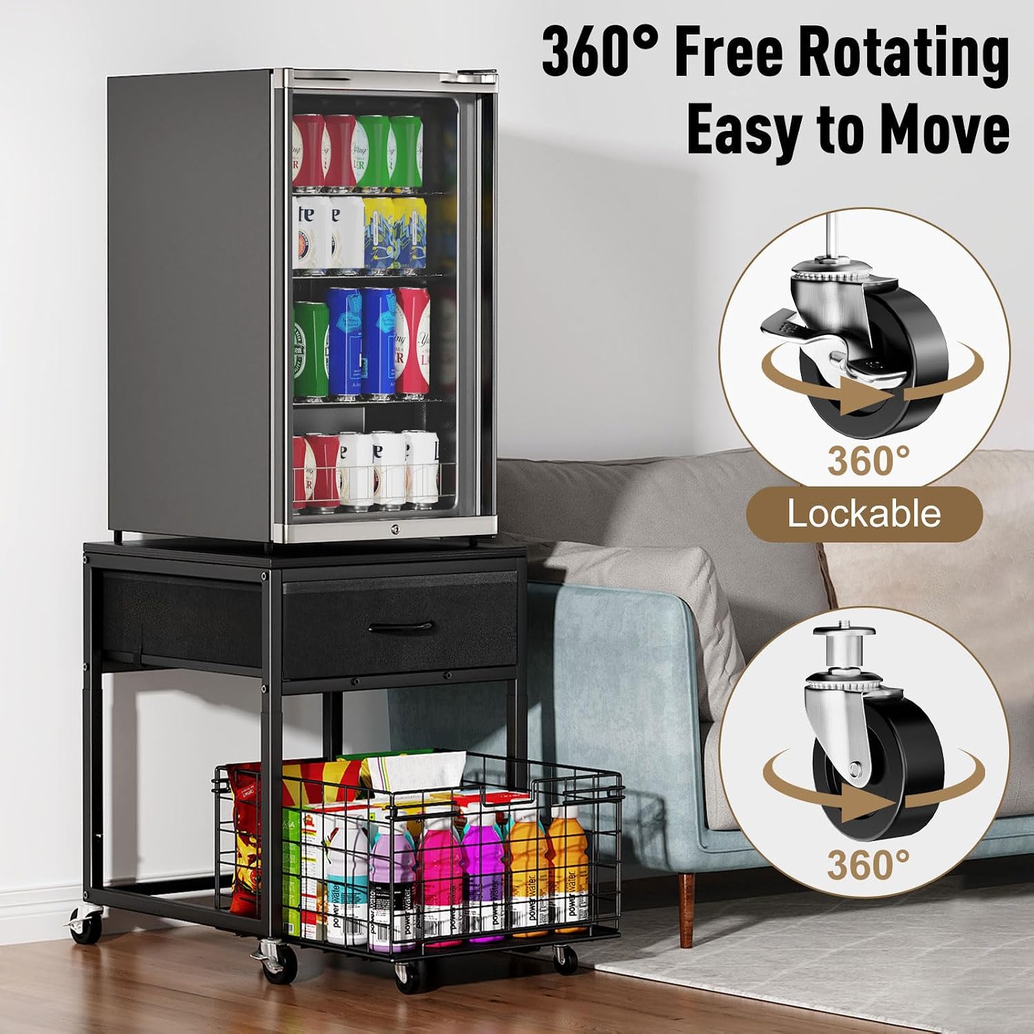 Housolution Mobile Mini Fridge Stand with Storage, Height-Adjustable Mini Beverage Fridge Table, Coffee Bar, 200 lbs Heavy-Duty Compact Refrigerator Shelf with Rolling Cabinet for Kitchen Home, Black
