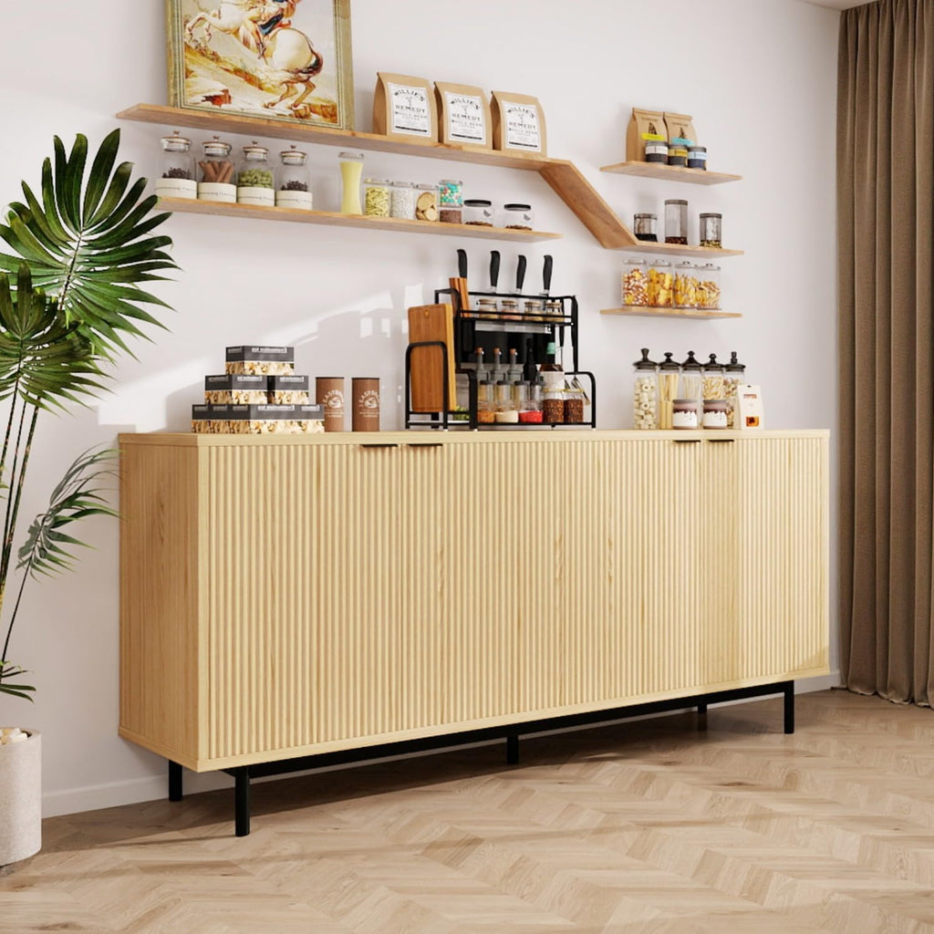Sideboard Buffet Cabinet with Storage, MUUEGM 58”Fluted Large Kitchen Storage Cabinet with 4 Doors and Adjustable Shelves,Wood Coffee Bar Storage Cabinet for Dinging Room, Living Room, Kitchen,Natural