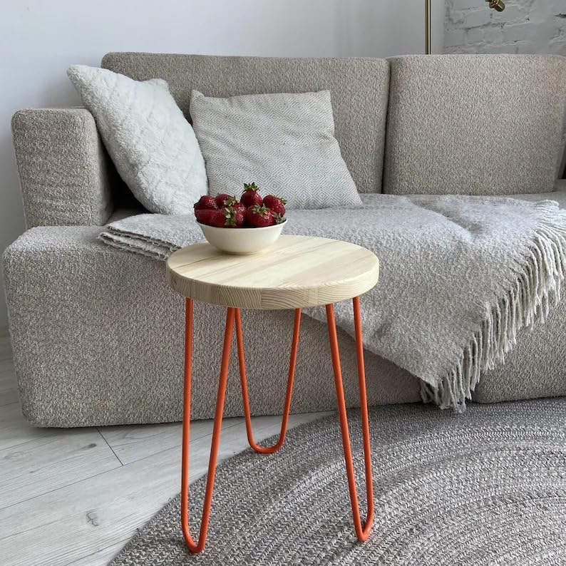 Handmade Minimalist Stool - Colorful Wooden Side Table with Hairpin Legs, Natural Pine Wood Seat with Powder-Coated Metal Legs, Multifunctional Accent Stool for Living Room, Kitchen, Bedroom