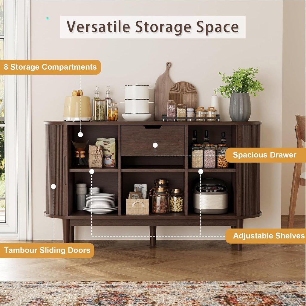 LINSY Home 55" Sideboard Buffet Cabinet,Tambour Sliding Doors & Drawer | Vintage Walnut Fluted Coffee Bar Cabinet with Storage, Mid Century Modern Wood Storage Buffet Table for Kitchen, Living Room