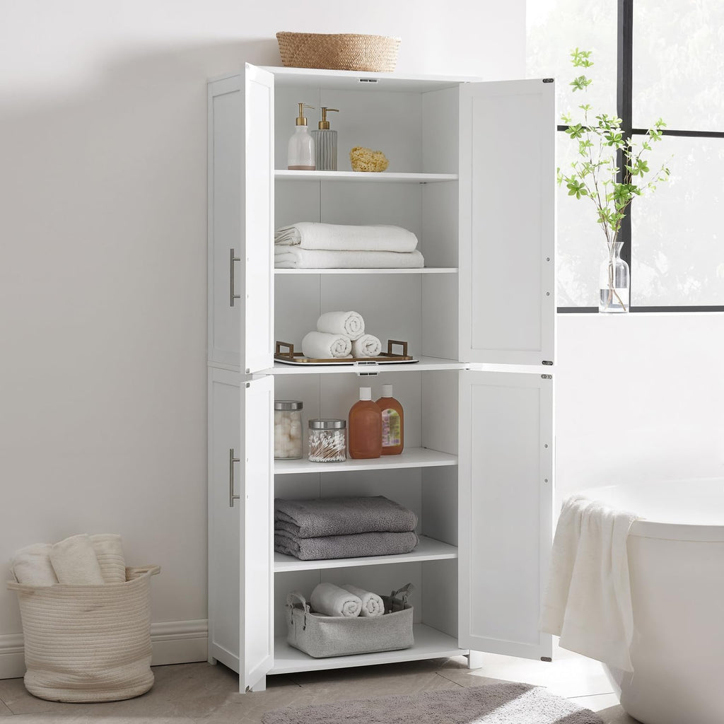 HomeStock Tall Pantry Cabinet - White Linen Storage - 15" D x 28" W x 67" H - Adjustable Shelves