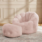 Pink Flower Bean Bag Chair with Ottoman, Fuax Fur Comfy Reading Chair for Bedroom, Fluffy Plush Floor Lazy Sofa for Living Room, Reading Nook