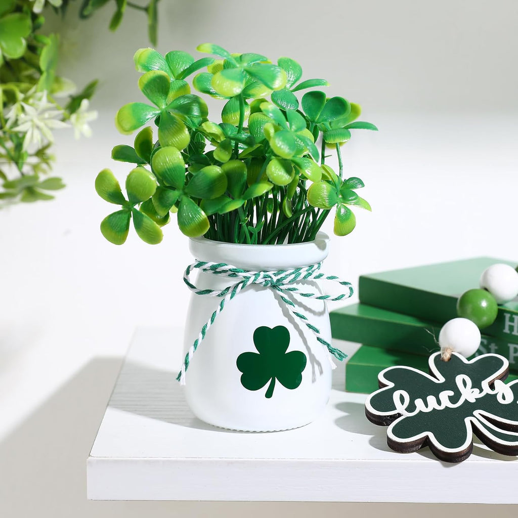 St Patricks Day Decorations-4pcs St.Patrick's Day Mini Jars with Artificial Shamrock-Mini Vases for St Patricks Day Home Kitchen Table Fireplace Mantel Decor