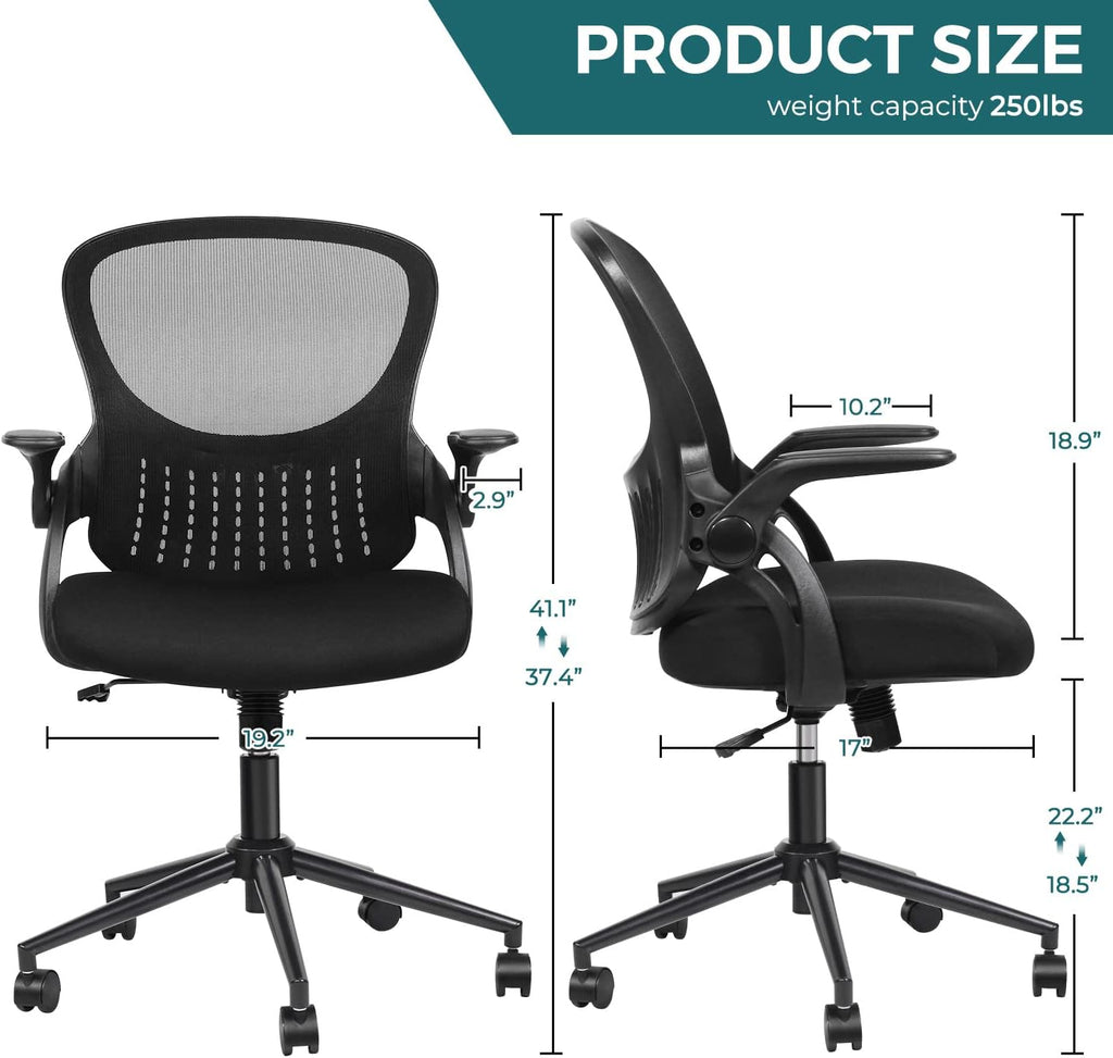 Home Office Chair Ergonomic Desk Chair Mesh Computer Chair Modern Height Adjustable Swivel Chair with Lumbar Support/Flip-up Arms, Black