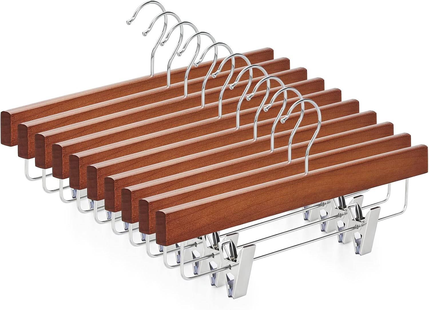 TOPIA HANGER Lotus Wood Pants Hangers, Walnut Wooden Skirt Short Jeans Trouser Hanger with Smooth Surface 360° Swivel Hook Anti Rust 2 Adjustable Clips, 10 Pack CT10PWA