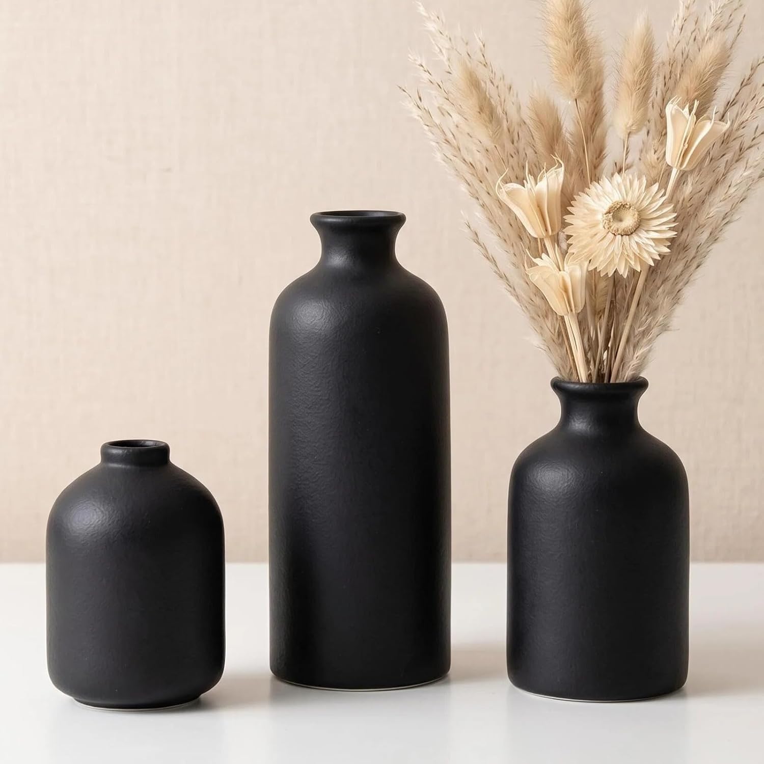 Small Ceramic Vase Set of 3, Boho Home Decor Vases for Dried Flowers,Farmhouse,Shelf,Bathroom,Centerpiece for Entryway Table Decoration Gifts