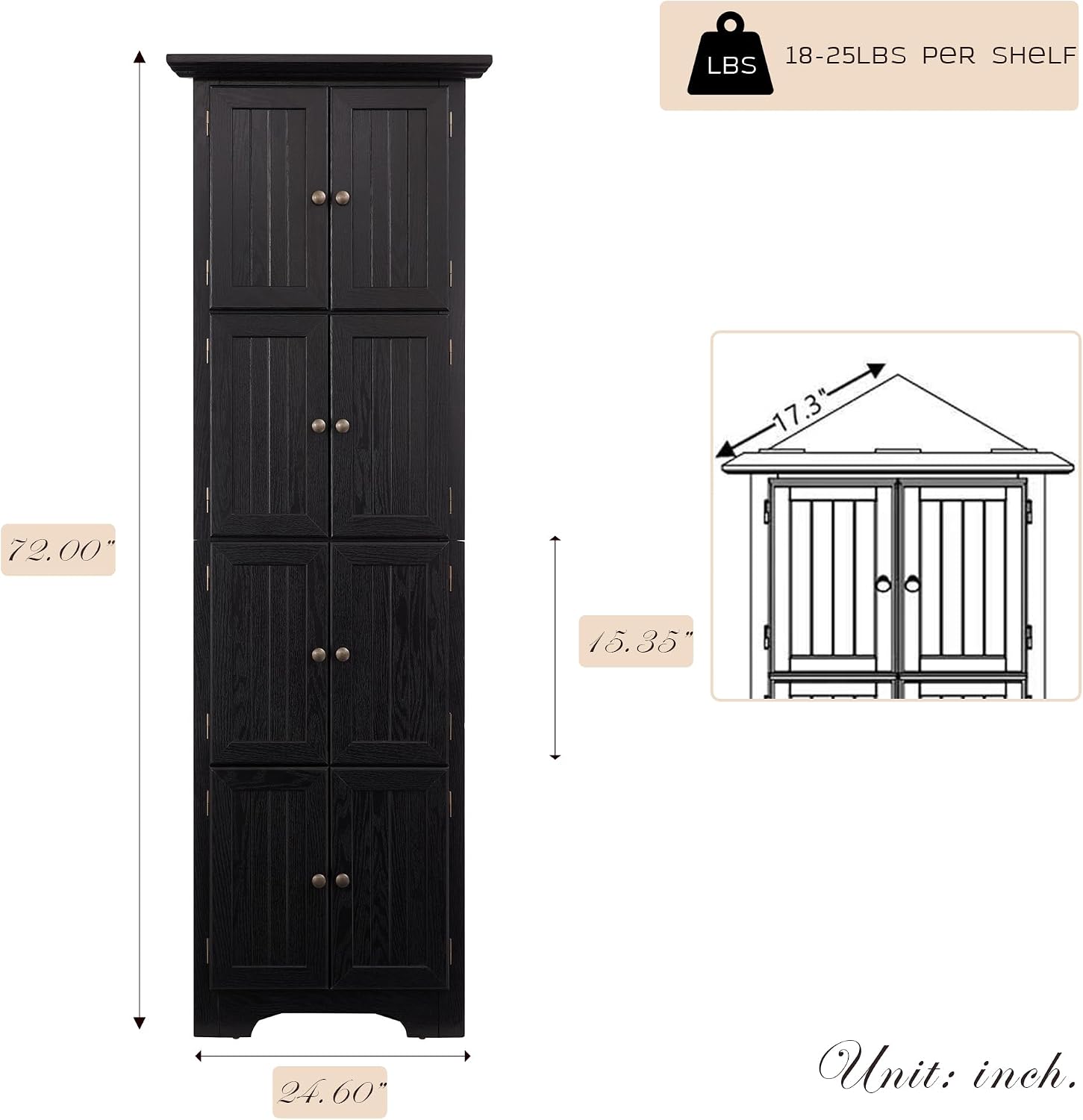 Corner Storage Cabinet 72" H Wooden Kitchen Pantry with 8 Doors, Freestanding Bookshelf Cabinet with Adjustable Shelves for Living Room (Black & Style 2)