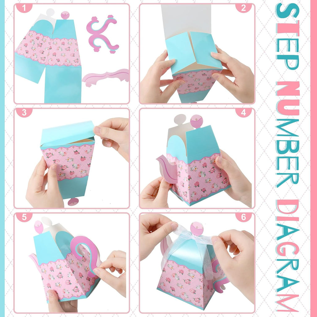 Outus 48 Pcs Floral Tea Party Favor Boxes Large Flower Teapot Candy Box Vintage Floral Pink Blue Teapot Box Spring Gift Supplies for Birthday Decorations Baby Shower Wedding Party