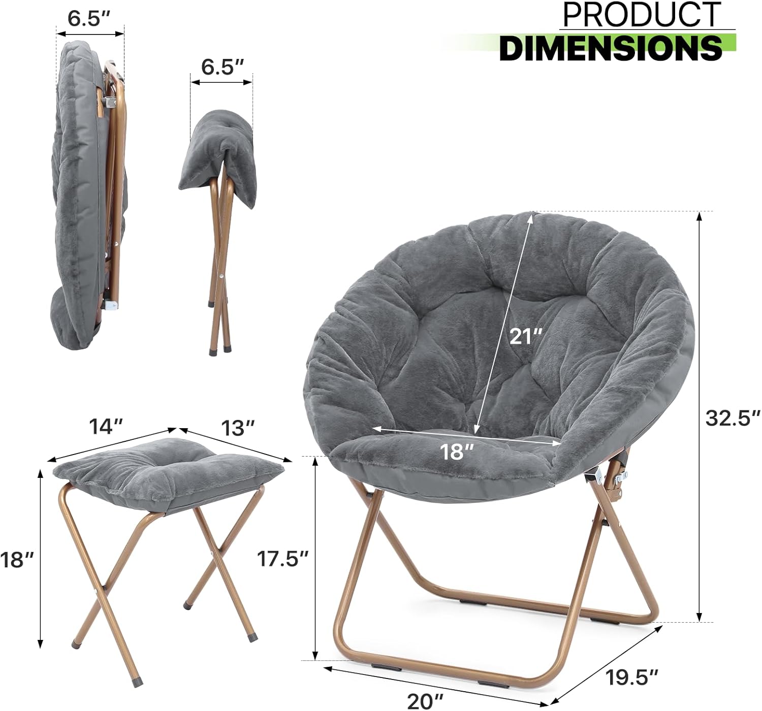 Magshion Folding Saucer Chair for Adults with Ottoman, Circle Reading Chair for Bedroom, Living Room & Dorm, Furry Comfy Accent Seat with Metal Leg & Thick Padded for Small Spaces (Grey, 2 Pack)